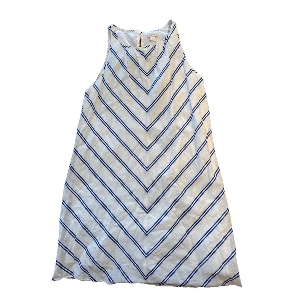 J Crew Women's Linen Cotton‎ Blue White Chevron Stripe Halter Dress Size 6